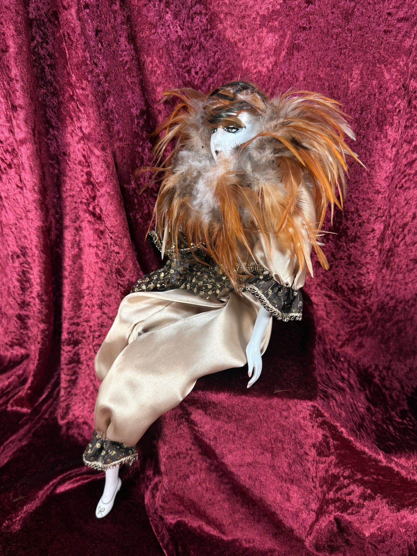 Vintage Porcelain Pierrot Doll – Feathered Collar Seated Harlequin Figure