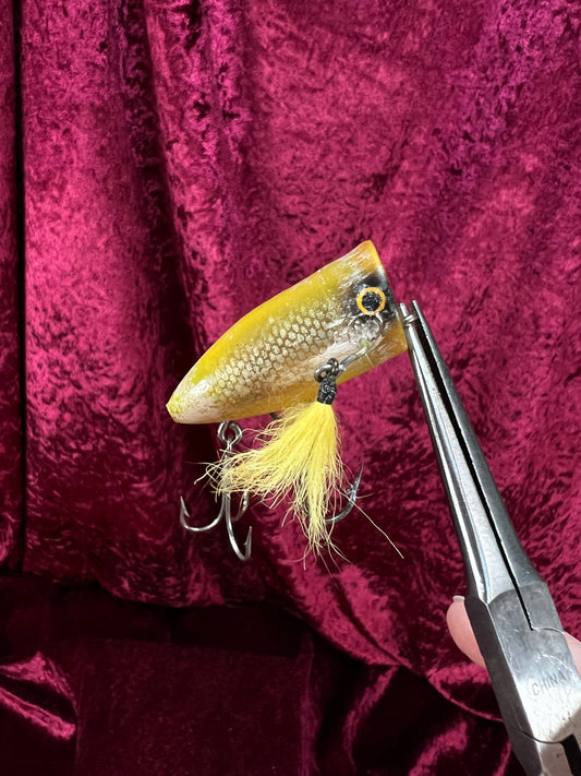 Vintage Plastic Fishing Lure -  Yellow Plug Crankbait with Hook Skirts