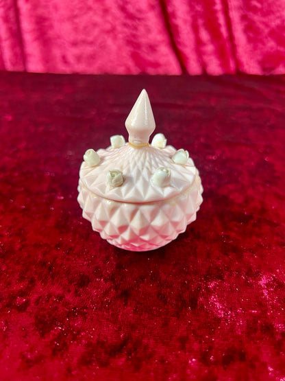 Vintage Trinket Box - Miniature Porcelain Lidded Jar - Baby Pink with Rosettes - Made In Japan
