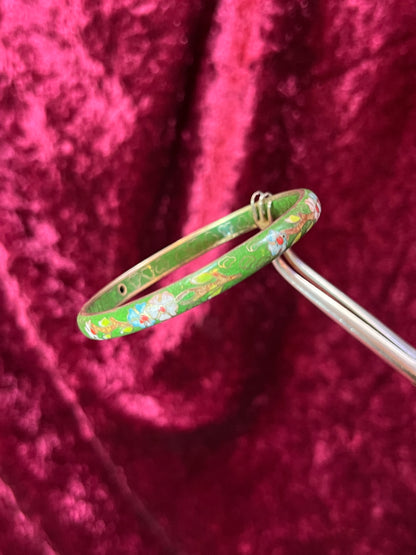 Vintage Jewelry - Cloisonne Bangle Bracelet - Pink and Blue Flowers on Green