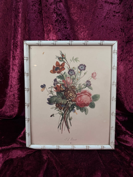 Vintage Framed Botanical Print – Romantic Floral Bouquet Bamboo Style Frame