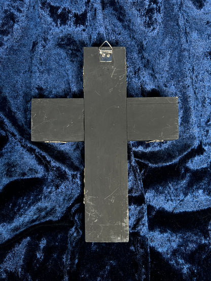 Vintage Wall Hanging Crucifix Cross – Milagro Silver Sacred Heart Folk Art Collage