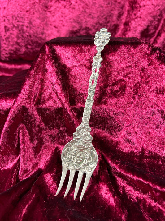 Vintage Kitchen - Serving Fork - Ornate Florals and Crest - Silver Plate - Italy