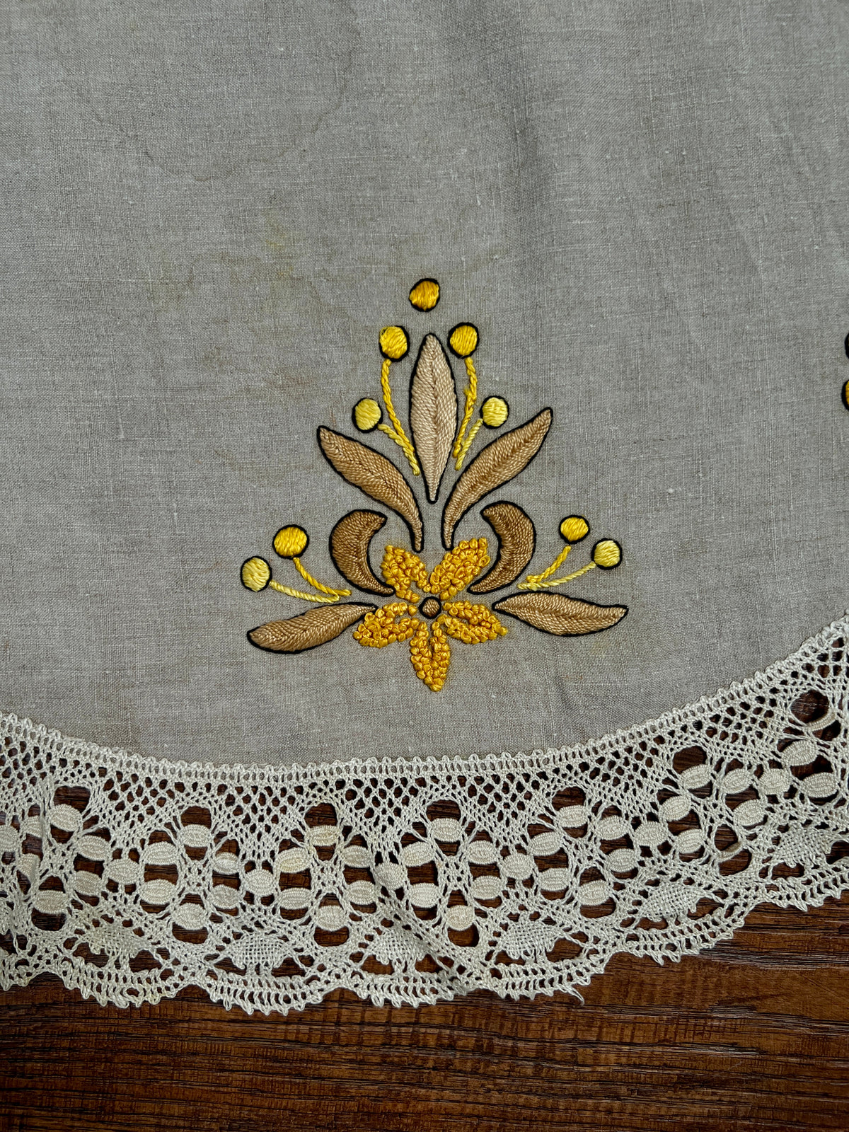 Vintage Circular Linen Table Cover - Harvest Yellow Embroidered Florals Crochet Lace Trim