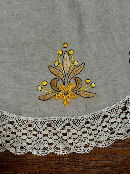 Vintage Circular Linen Table Cover - Harvest Yellow Embroidered Florals Crochet Lace Trim