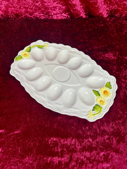 Vintage Kitchen - Ceramic Deviled Egg Serving Platter - 5182 / Yellow Daisies - Geo Z. Lefton