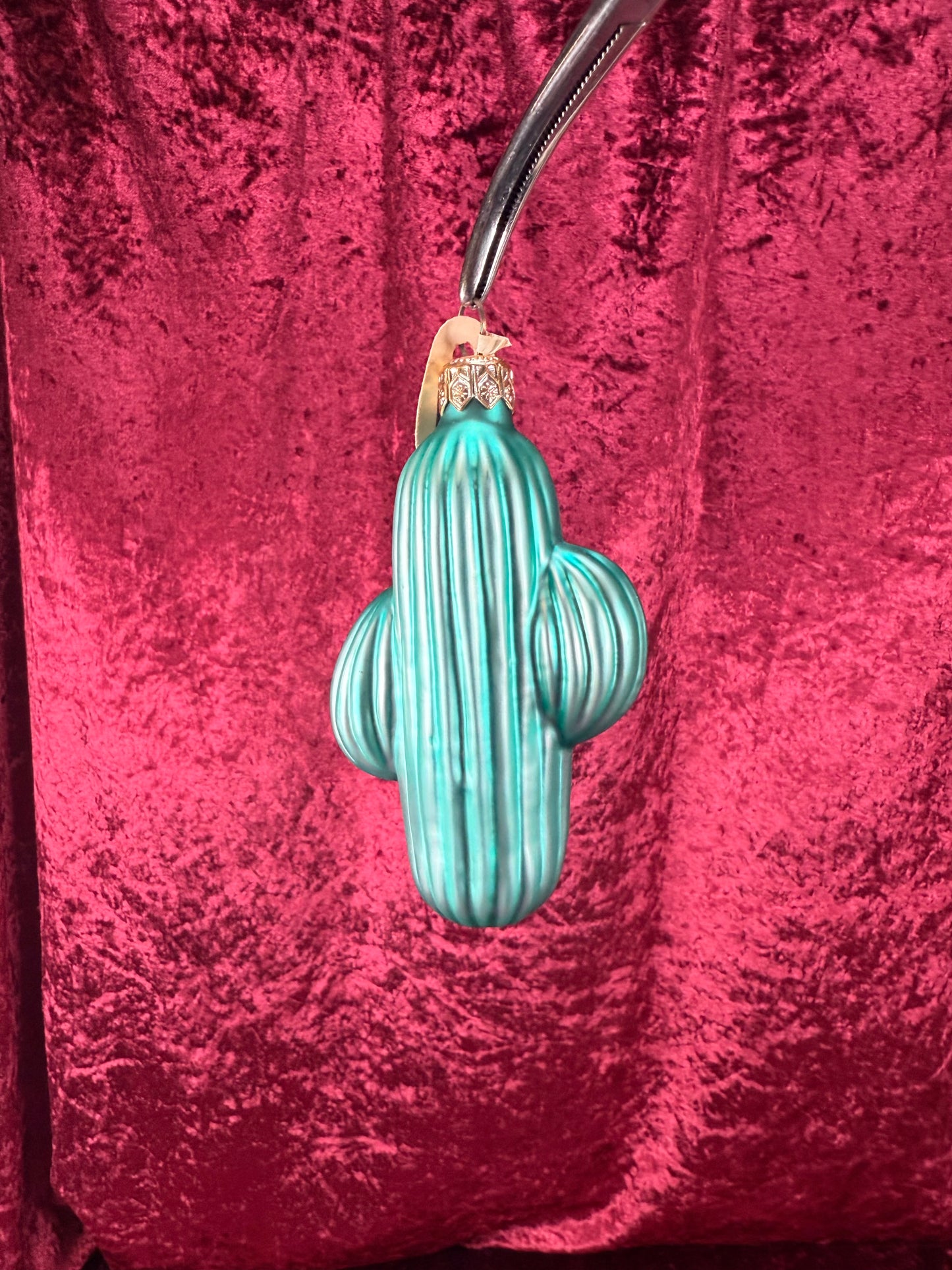 Vintage Christmas - Handblown Glass Ornament - Green Cactus - Euro Vue - Made In Poland