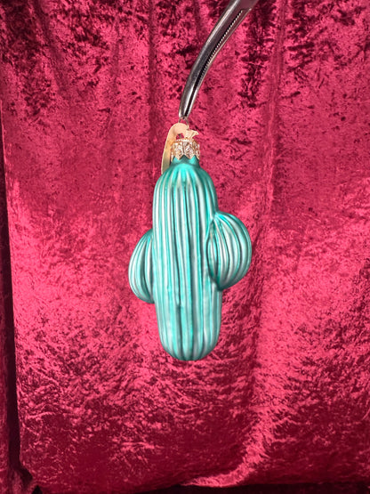 Vintage Christmas - Handblown Glass Ornament - Green Cactus - Euro Vue - Made In Poland
