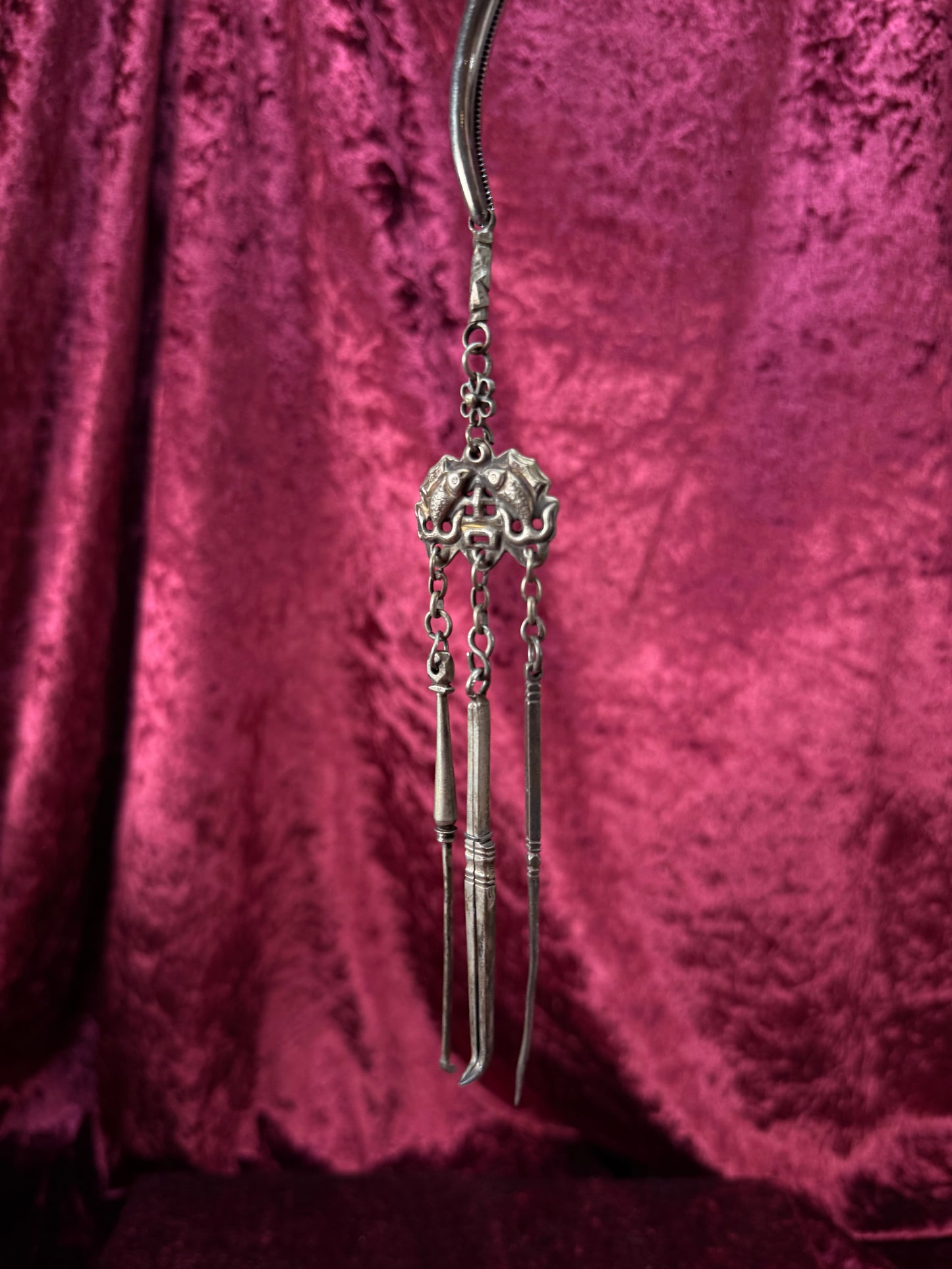 Antique Sterling Silver Opium Chatelaine – Twin Koi Fish and Monkey - Late Qing Dynasty