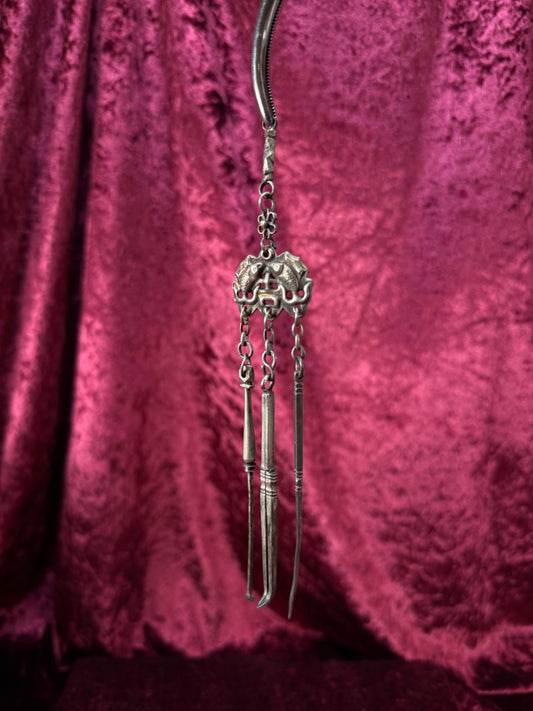 Antique Sterling Silver Opium Chatelaine – Twin Koi Fish and Monkey - Late Qing Dynasty