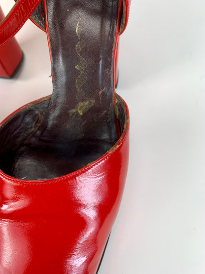 Vintage Shoes - Patent Leather Peep Toe Platform Heels - Cherry Red - 7 1/2