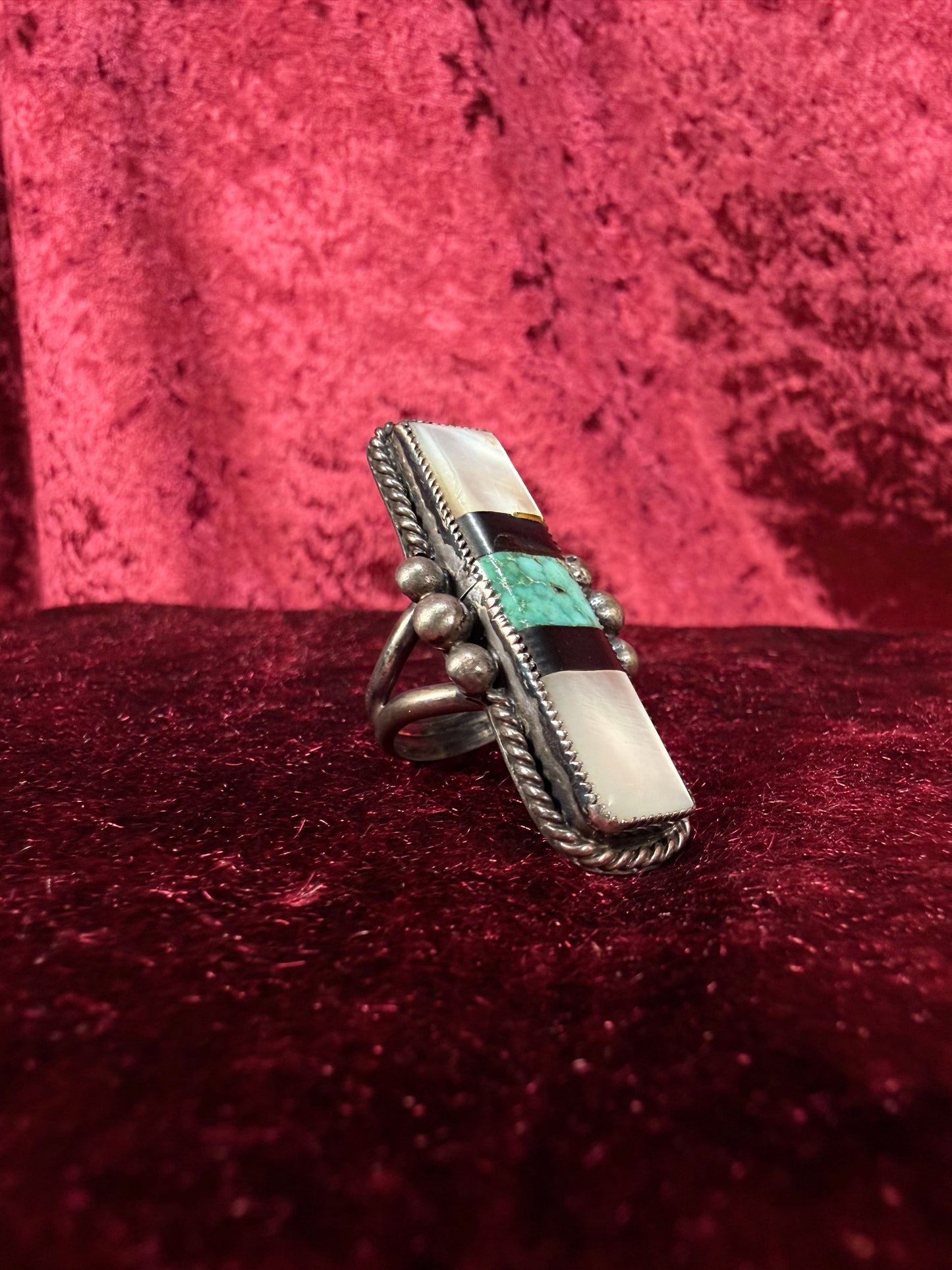 Vintage Sterling Silver Ring – Turquoise and Mother of Pearl Inlay Statement - Size 6