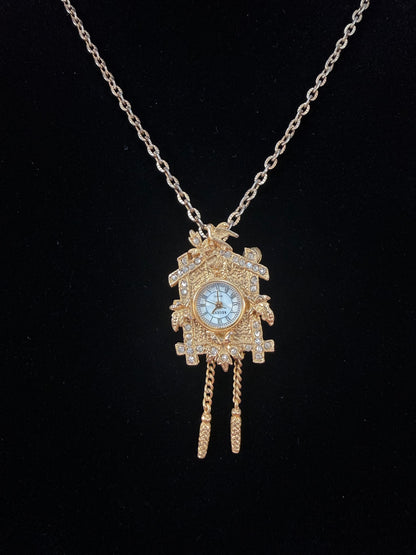 Vintage Gold Tone Cuckoo Clock Necklace – Rhinestone Accent Pendant