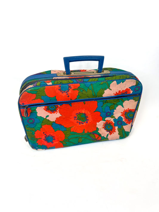 Vintage 1970s Suitcase - Colorful Groovy Poppies Pattern Luggage