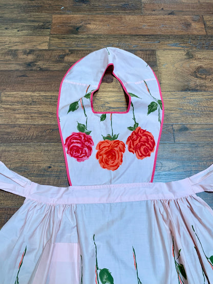 Vintage Pinafore Apron - Pink with Red Roses