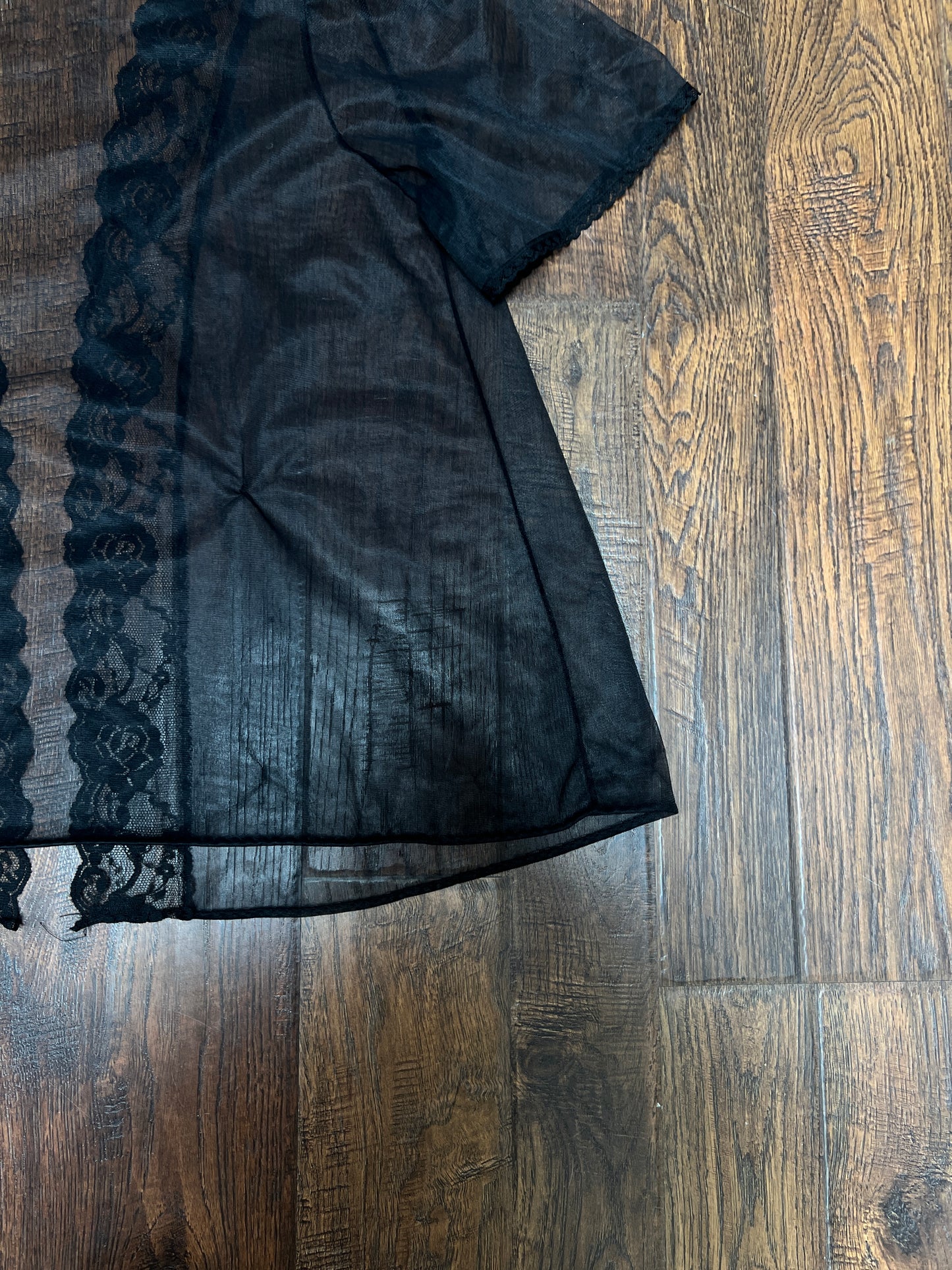 Vintage Night Winks Bed Jacket -  Sheer Black with Floral Lace Open Front - Medium