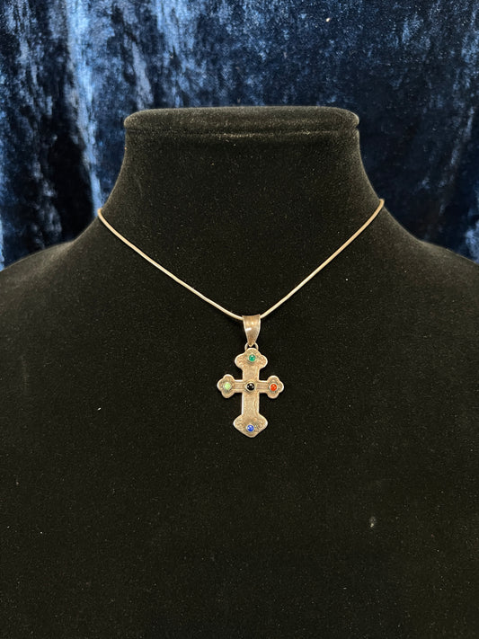 Vintage Sterling Silver Cross Necklace - Multicolor Cabochon Stone Crucifix Pendant