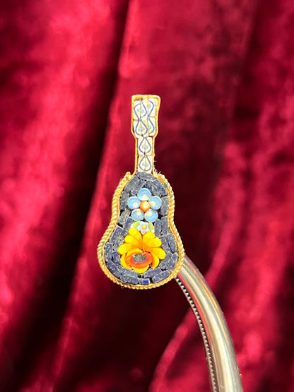 Vintage Jewelry - Brooch - Italian Micro Mosaic - Floral Guitar - Dark Blue - Made In Italy