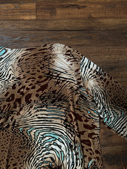 Vintage Rayon Blend Animal Print Top – Abstract Safari Long Sleeve – Large