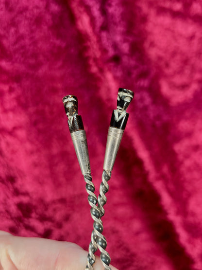 Vintage Silver Plate Cocktail Spoon and Fork Set – Twisted Handles with Tiki Totem Finials
