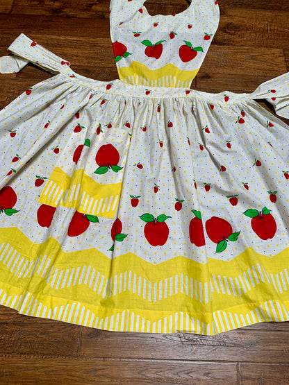 Vintage Pinafore Apron - White with Black Polka Dots Red Apples & Yellow Checkers