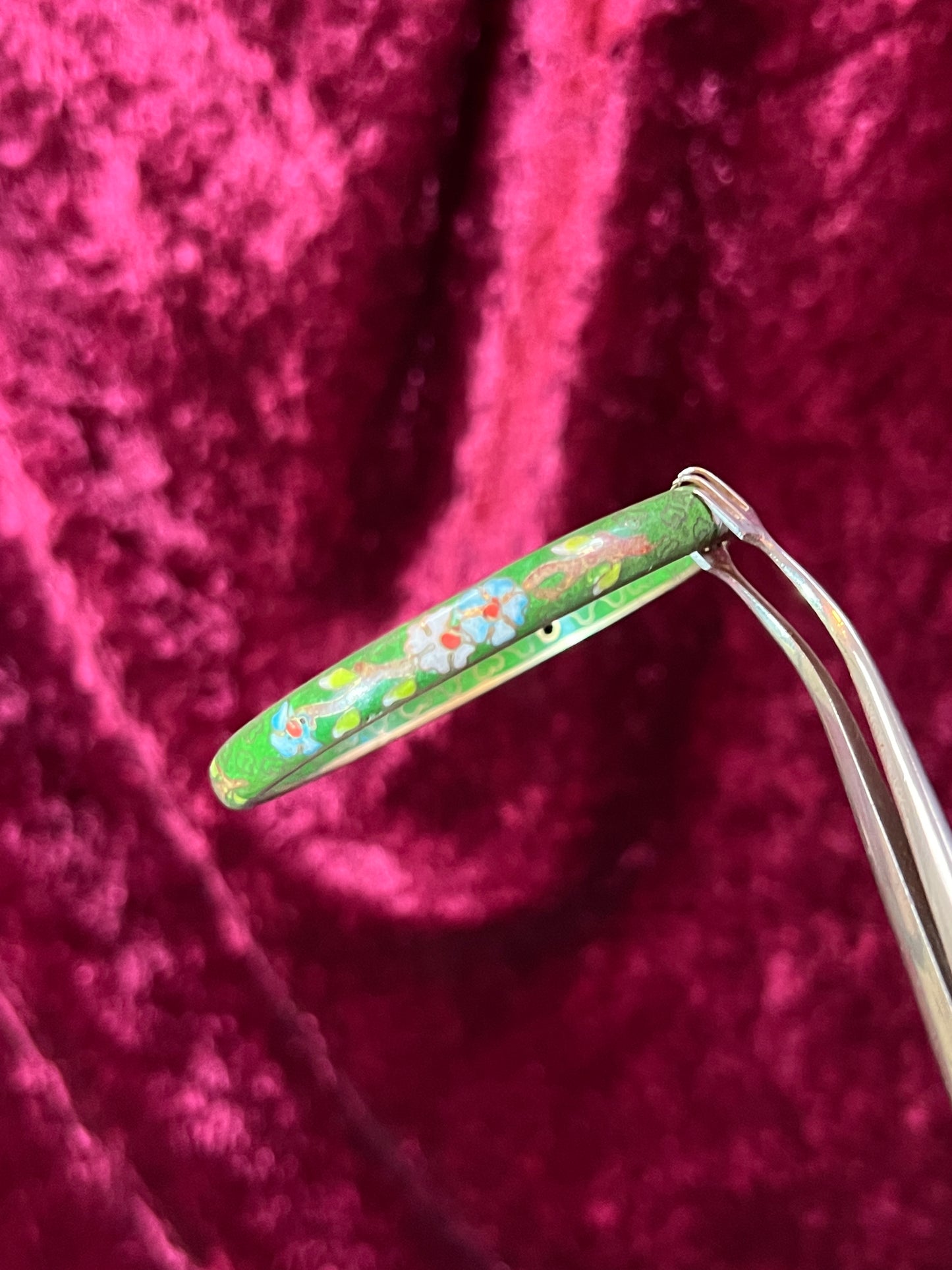 Vintage Jewelry - Cloisonne Bangle Bracelet - Pink and Blue Flowers on Green