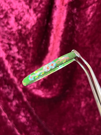 Vintage Jewelry - Cloisonne Bangle Bracelet - Pink and Blue Flowers on Green