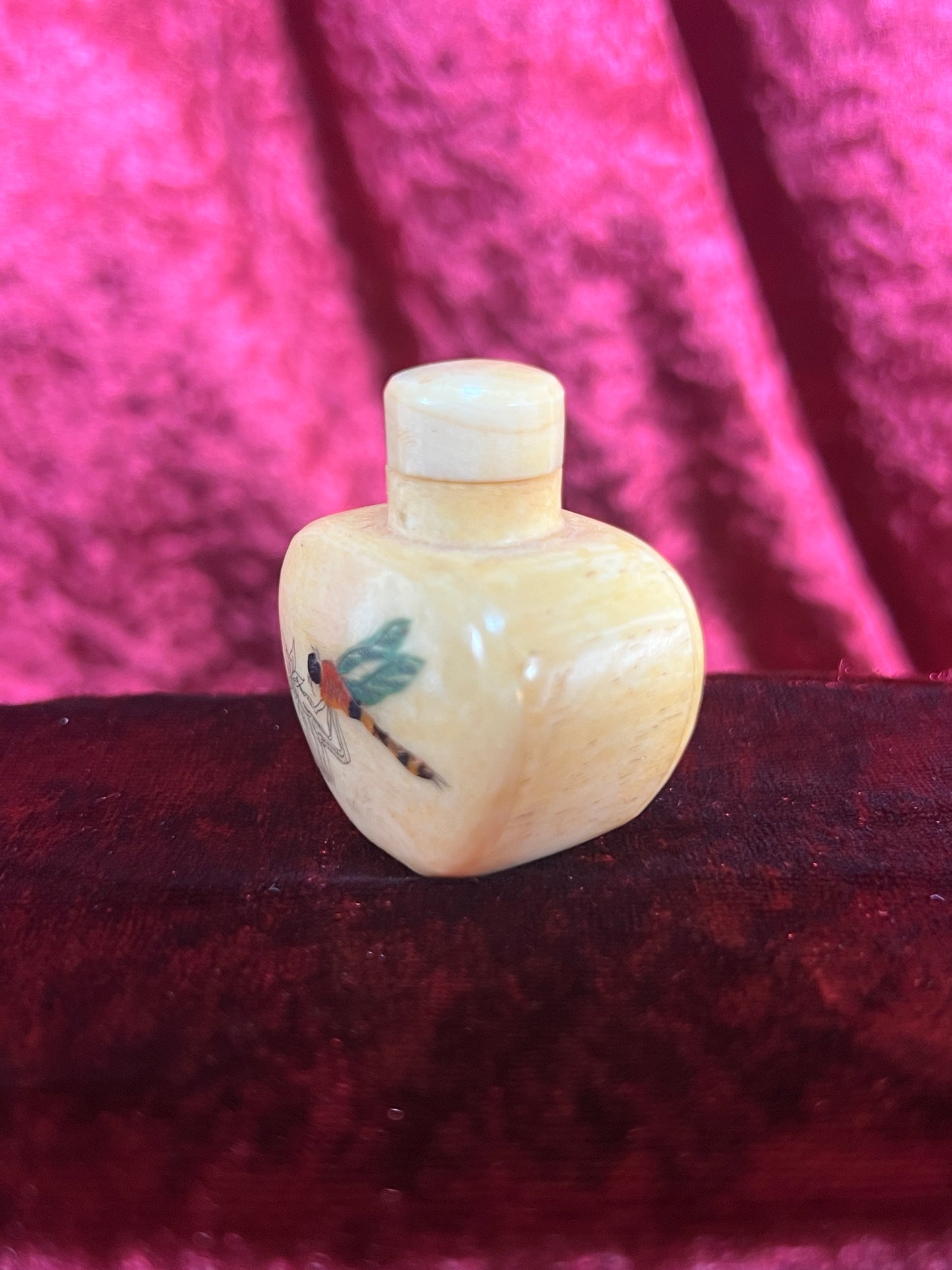 Vintage Curiosities - Antique Snuff Bottle - Bone - Inlaid Dragonfly - 1.75”