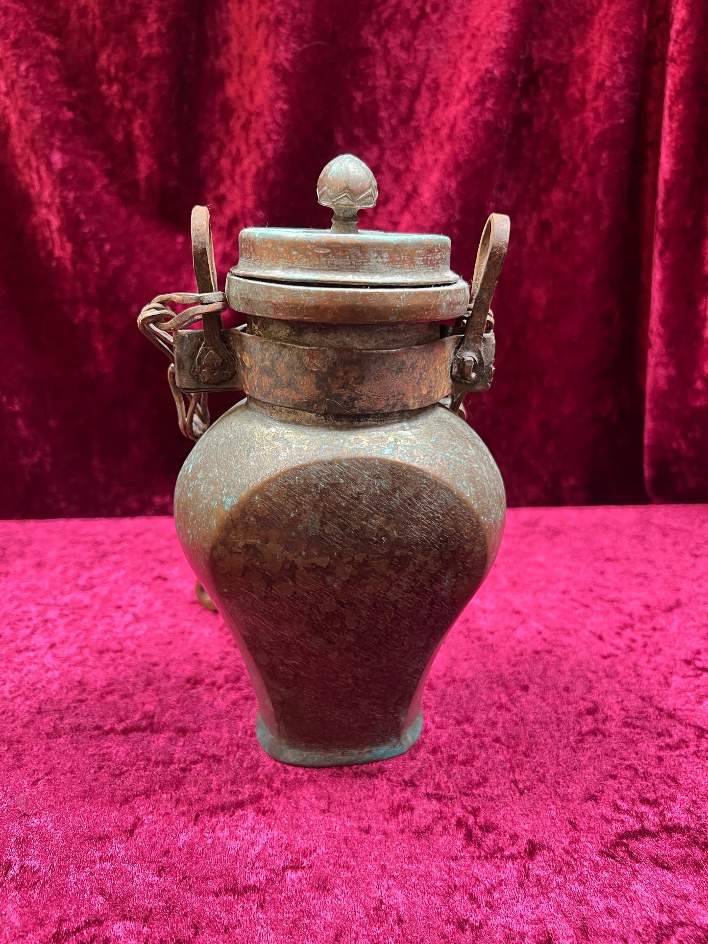 Vintage Oddities - Antique Copper Lidded Vessel with Iron Wood Hook