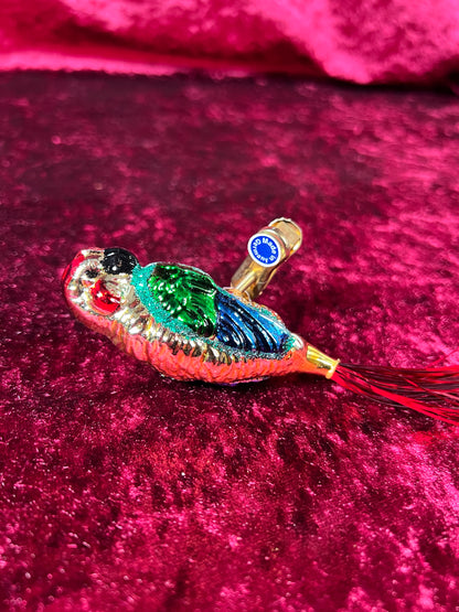 Vintage Christmas - Glass Clip-On Ornament - Rainbow Macaw Parrot with Tinsel Tail - Made In Germany