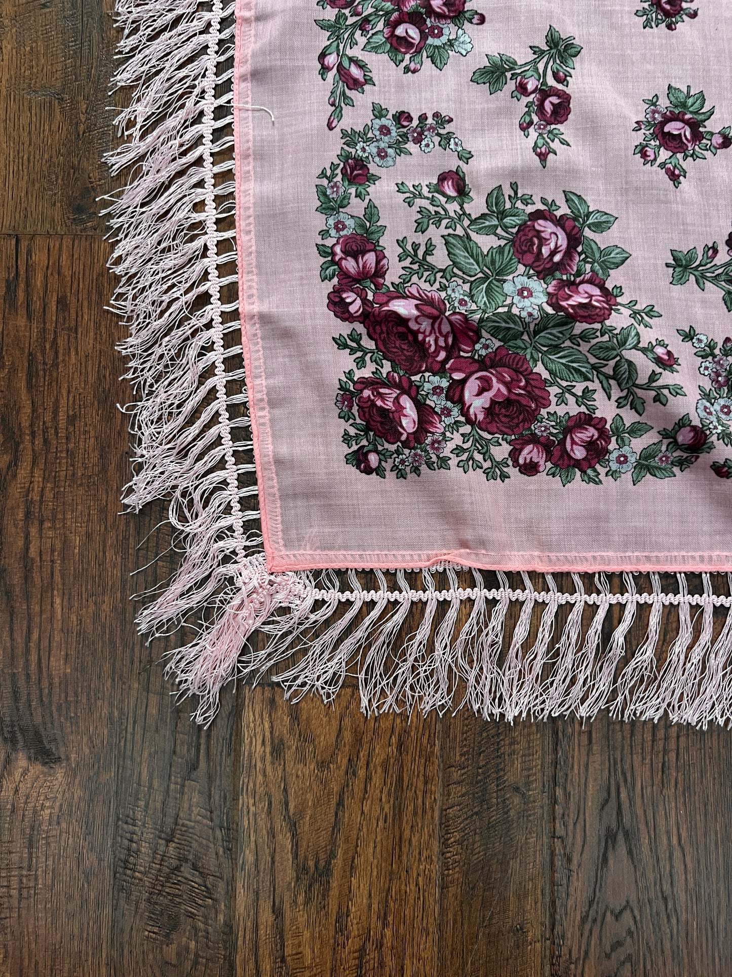Vintage Kashmir Woole Floral Fringe Scarf - Pink Rose Square Wrap Bohemian Style