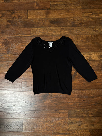Vintage Hannah Jones Knit Top - Black Rhinestone Lattice Neckline - Medium