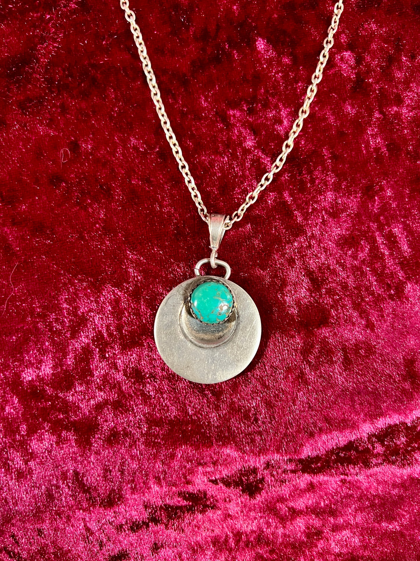 Vintage Jewelry - Necklace - 925 Silver Turquoise Saucer Pendant - 18”