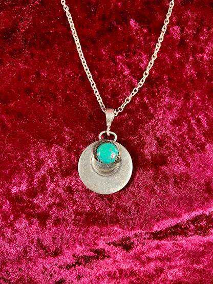 Vintage Jewelry - Necklace - 925 Silver Turquoise Saucer Pendant - 18”