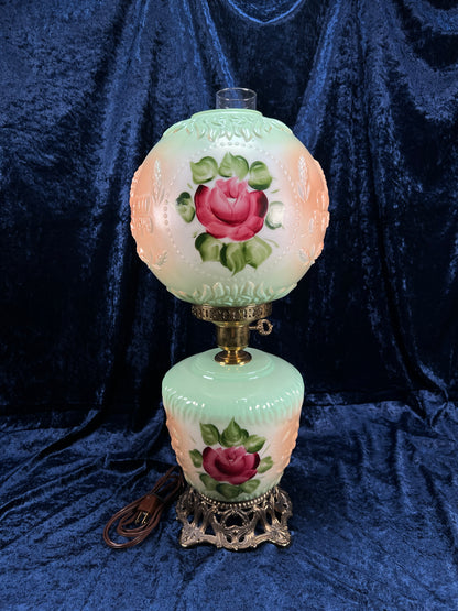Vintage Fenton Milk Glass Table Lamp – Hand Painted Roses Double Globe Hurricane Parlor Style