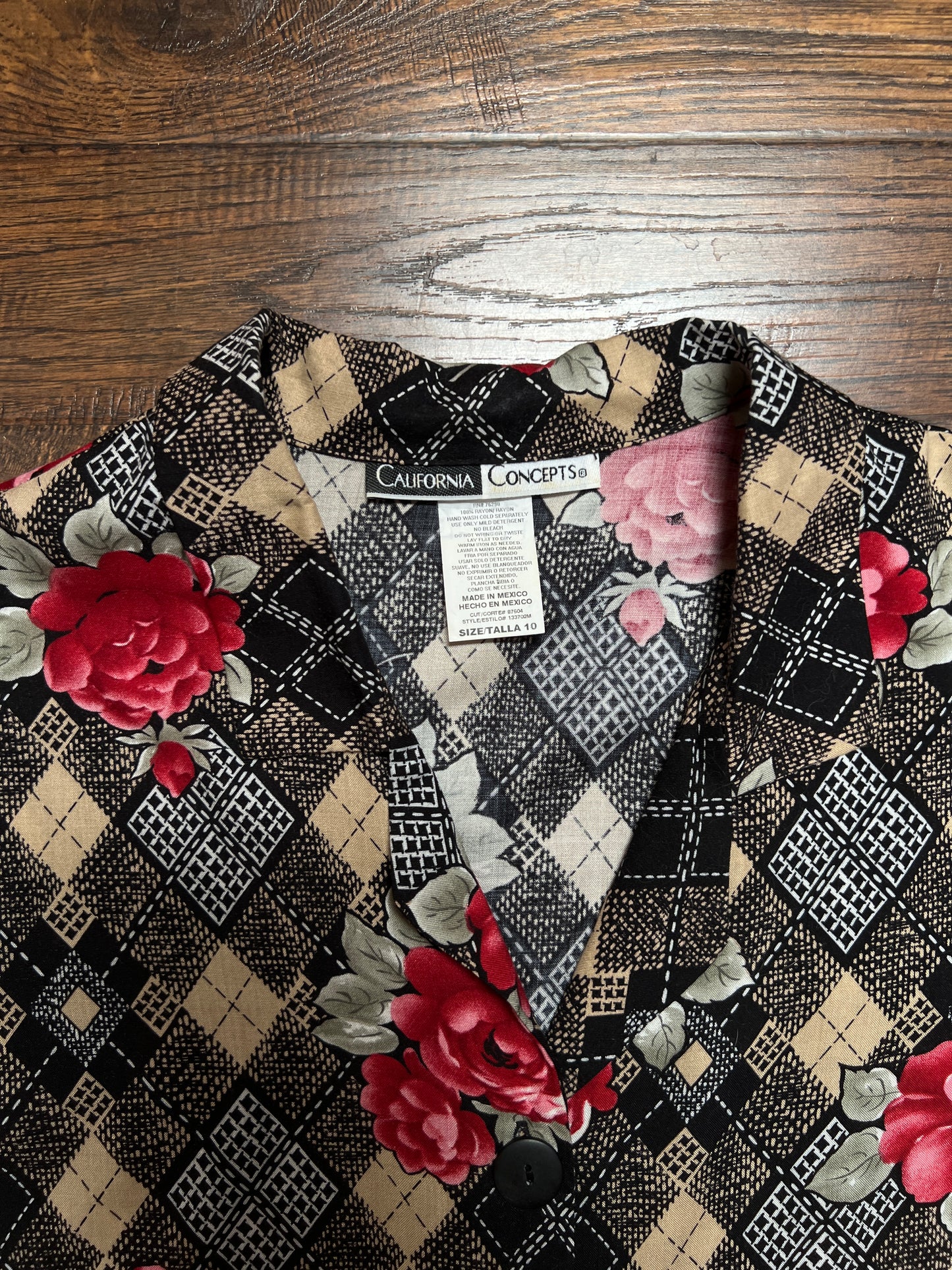 Vintage Rayon Blouse - Argyle Floral Print California Concepts - Large