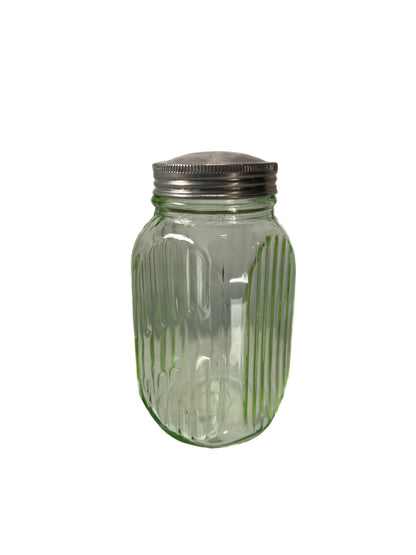 Vintage Uranium Glass - Ribbed Spice Jar with Original Lid - Depression Era