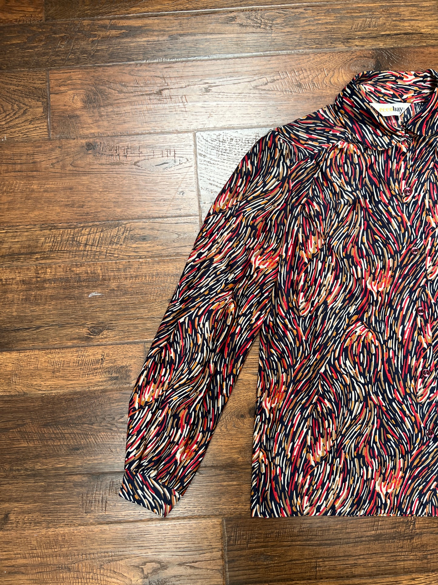 Vintage Clothing - Sheer Button Front Blouse - Abstract Paint Strokes Pattern - Ecco Bay - Medium
