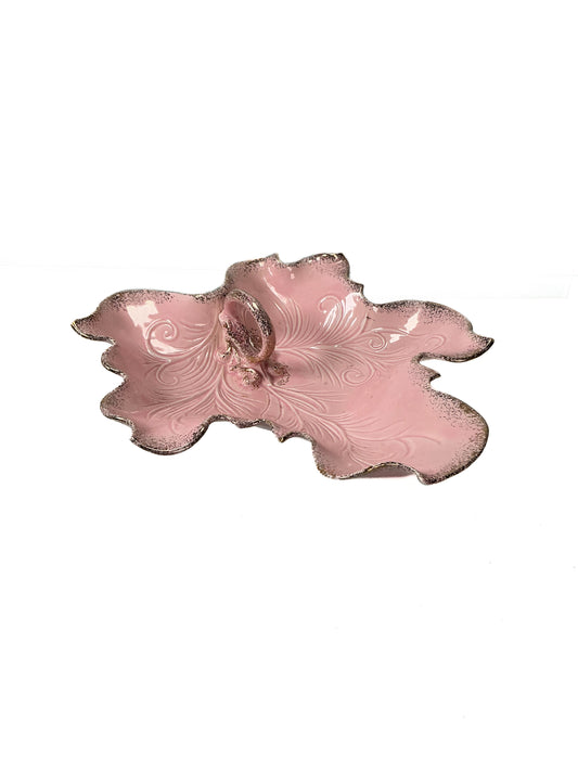 Vintage California Pottery - 1950s Pink and Gold Ceramic Leaf Bowl Dish w/ Loop Handle - Large