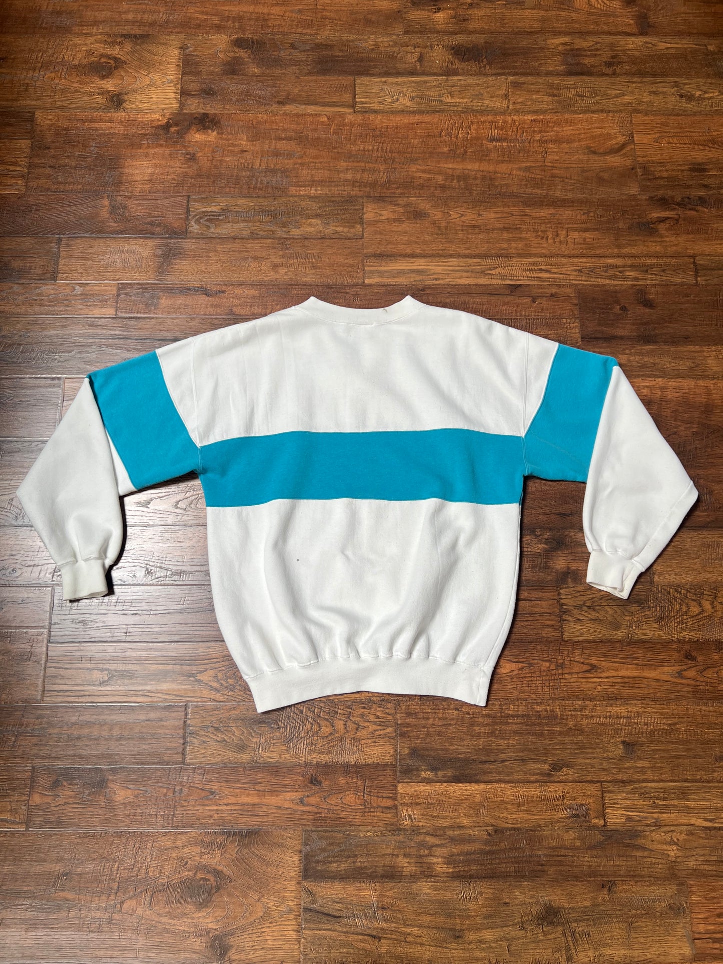 Vintage Clothing - Pullover Crewneck Sweatshirt - Turquoise Blue Stripe - Cheetah - Medium
