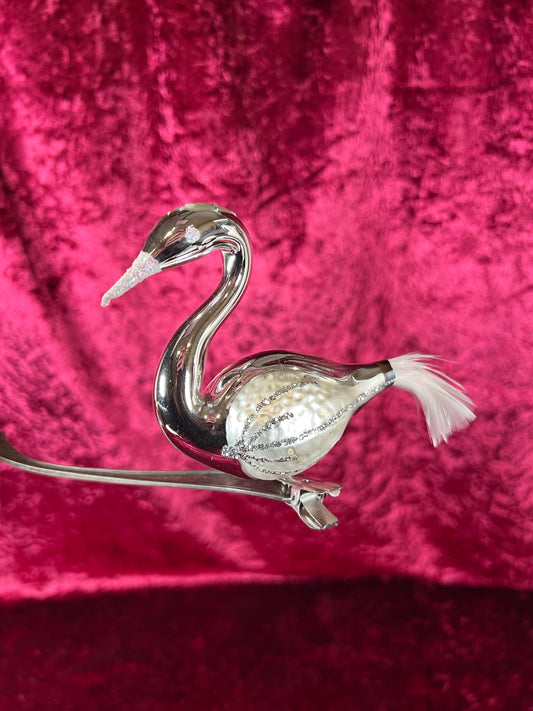 Vintage Christmas - Glass Clip-On Ornament - Silver Swan with Feather Tail