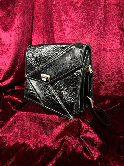 Vintage Y2K Black Leather Shoulder Bag - Reptile Embossed Patchwork Purse