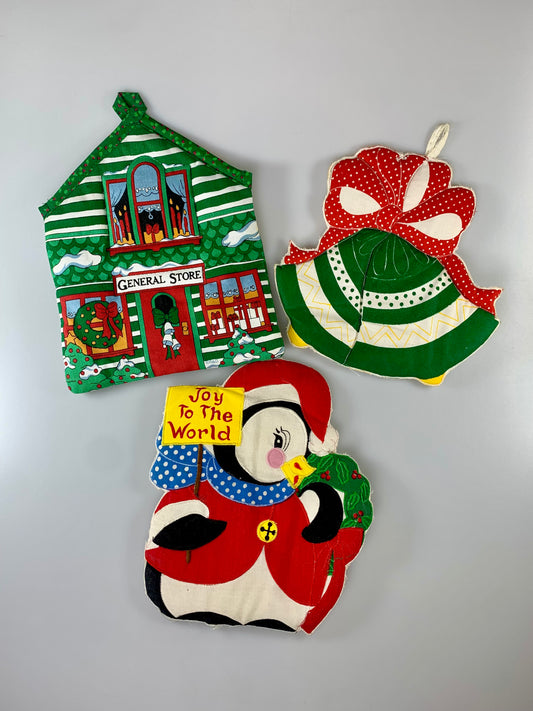 Vintage Christmas Decor - Pot Holder Trio - General Store, Noel Bells, Santa Penguin