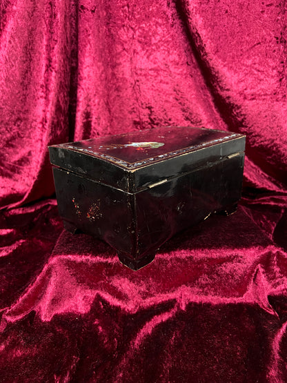 Vintage Black Lacquer Jewelry Box - Mother of Pearl Painted Peacock Vanity Chest
