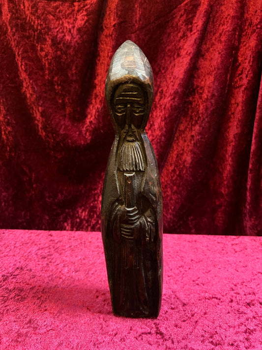 Vintage Oddities - Antique Hand Carved Wood Statue - Cloaked Druid With Staff