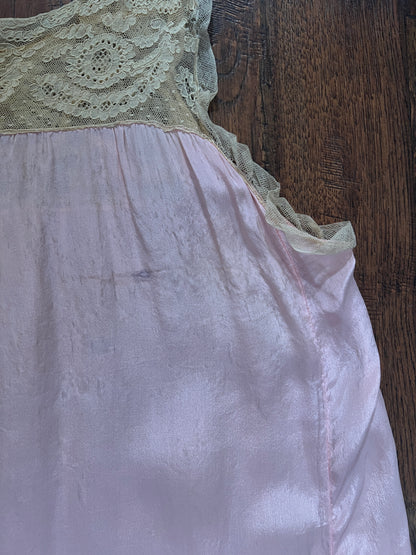 Vintage 1940s Pink Shift Nightgown - Sleeveless Lace Trim Slip Dress - Medium
