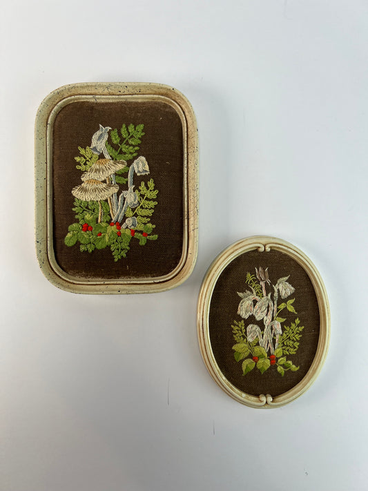 Vintage Wall Art - Framed Needlepoint  Set - Mushrooms & Flowers