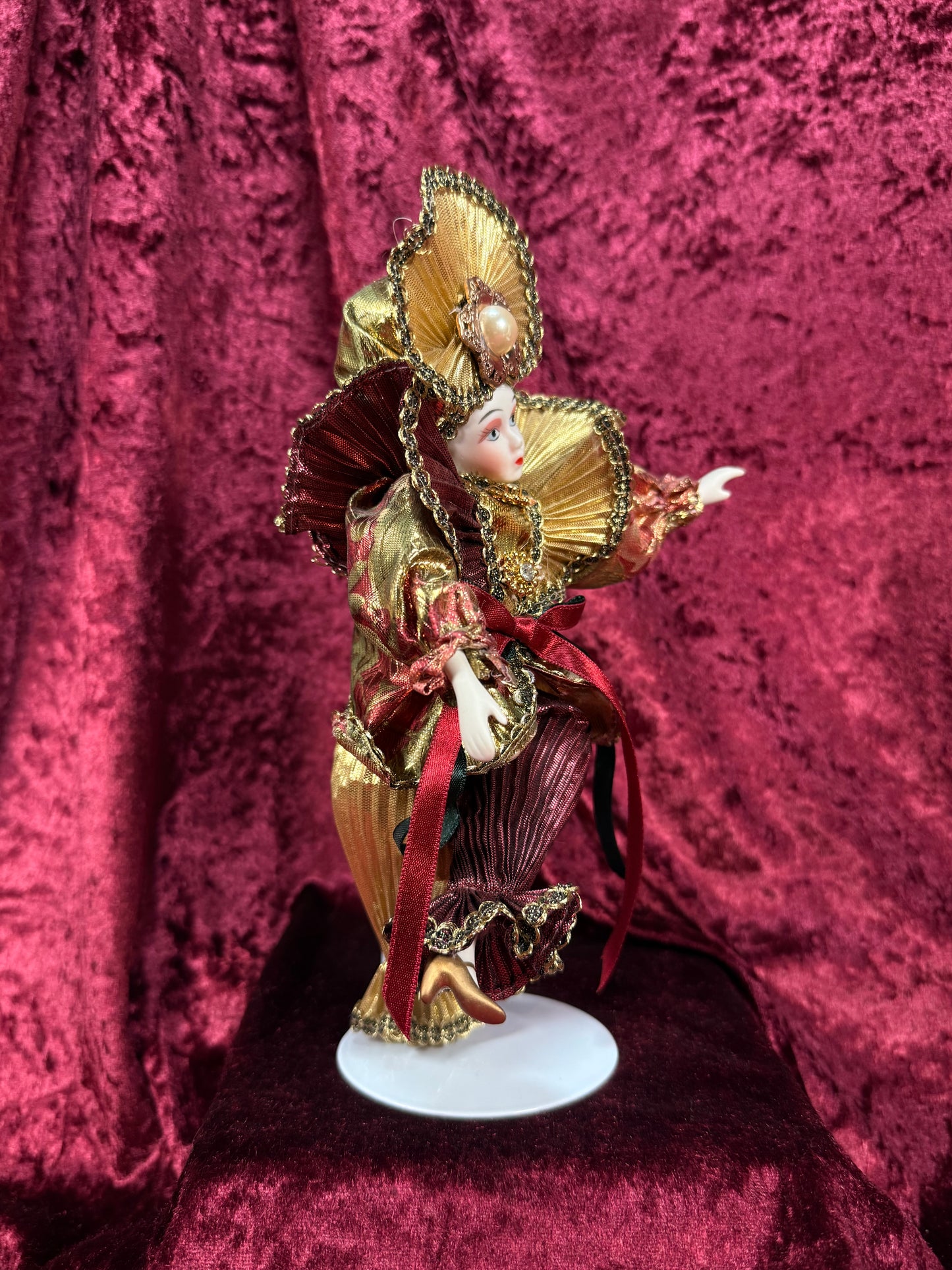 Vintage Porcelain Jester Doll – Metallic Pleated Costume Renaissance Figure - Red and Gold