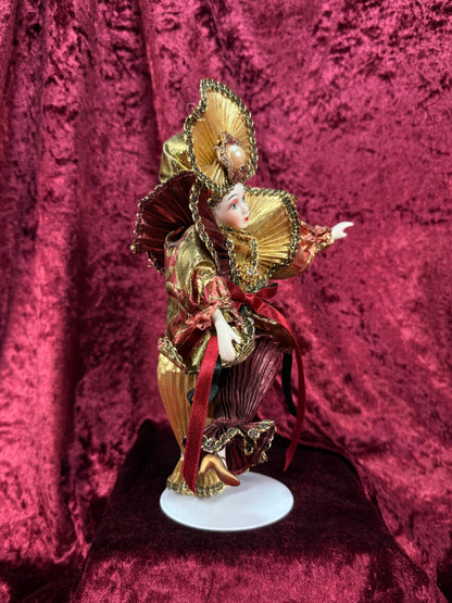 Vintage Porcelain Jester Doll – Metallic Pleated Costume Renaissance Figure - Red and Gold