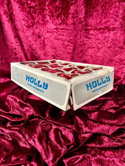 Vintage Christmas - Glass Ornament Set of 12 - Solid Red - Holly - Made In USA